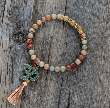 New Stretch Bracelet Natural Stone with Tibetan OM Charm and Tassel Mala Bracelet